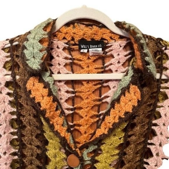 Will's River Co Crochet Cardigan Long Sleeve Brown Orange Green Pink Stripe Sz S - Picture 4 of 9